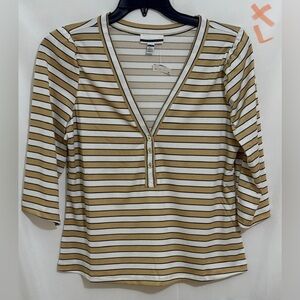 Jules & Leopold White and Tan Fitted Ribbed Blouse
